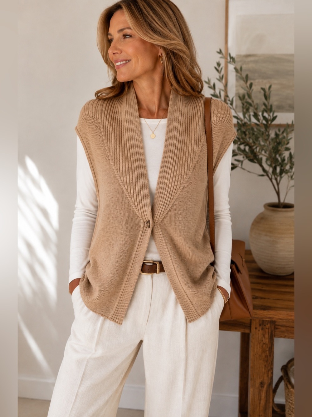 Coldwater Creek Camel Sweater Vest Preppy Heritage Layering Cardigan M